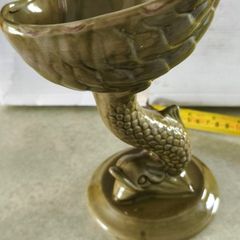 Stunning Vtg Olive Green Glaze Porcelain -Koi Fish Shell Pedestal Bon Bon Dish