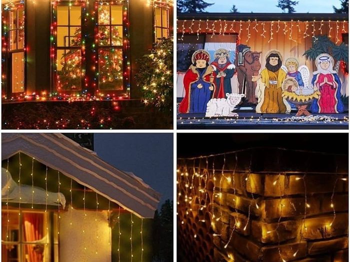Icicle Lights Outdoor, 46ft 480 LED Window Curtain Lights Mains Powered Warm White 8 Modes Waterproof Christmas Fairy String Lights for Garden Xmas Party Outside Decorations, White Cable