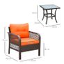 3 Pieces Rattan Bistro Set with Glass Top Coffee Table, Chairs and Cushions for Outdoor, Patio, Balcony, Orange Image 2