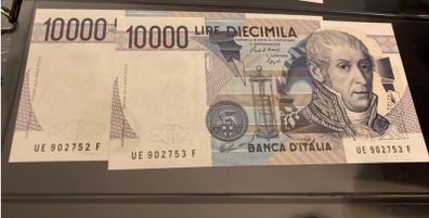 Italy 10,000 Lire Volta consecutive Numbers and uncirculated
