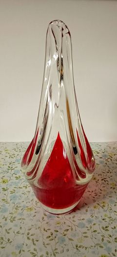 Vintage Murano Art Glass Basket Vase Red And Clear Glass.