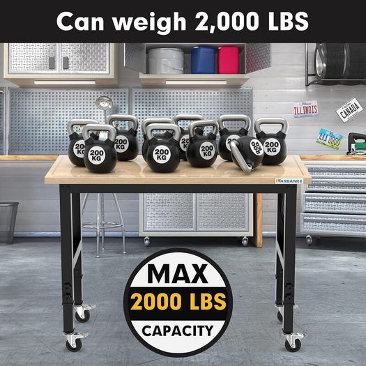 120cm Heavy-Duty Workbench with Adjustable 5 Heights, Rubber Wood Top, 900kg Load Capacity for Workshop, Garage, Office & Home