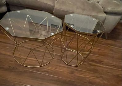 Table Set with glass top with gold design coffee and side table