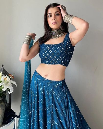 Navy Blue Lehenga Choli with Embroidery & Sequence Work - Un stitched (Size: XS-S-M-L)