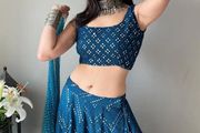 Navy Blue Lehenga Choli with Embroidery &amp; Sequence Work - Un stitched (Size: XS-S-M-L)