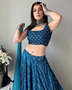 Navy Blue Lehenga Choli with Embroidery & Sequence Work - Un stitched (Size: XS-S-M-L)