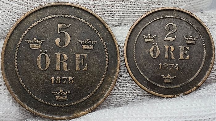 Sweden 1874 1875 5 ore 2 ore