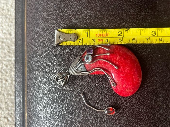 Sterling Silver 925 Red Wood & Gemstone Crescent Pendant - Broken Piece Included