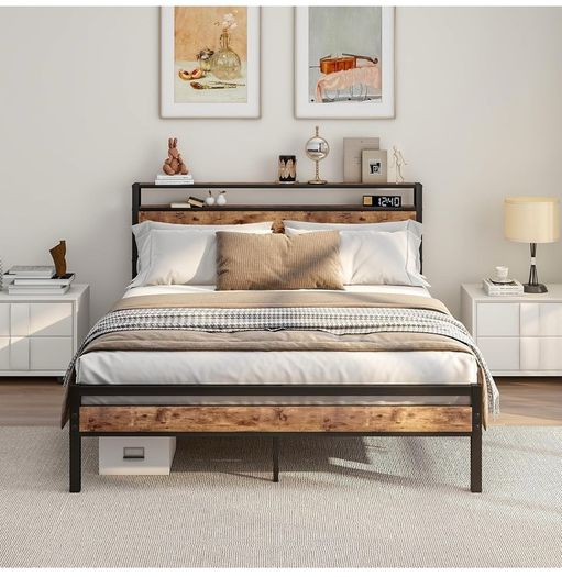 King Size Bed Frame with Storage Wooden Headboard