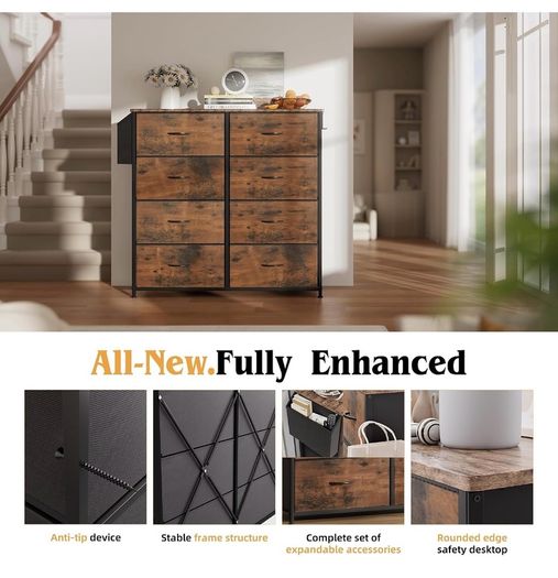 Fabric Chest of Drawers - Canvas Storage Unit with 8 Large Drawers Label Cards, Side Pocket & Hook for Living Room, Hallway, Bedroom