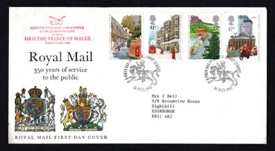 1985 Great Britain 35 Year of Royal Mail Public Postal Service Commemorative Stamps First Day Cover (FDC) with additional cancel Carried on board a Helicopter of The Queen's Flight piloted by HRH The Prince of Wales