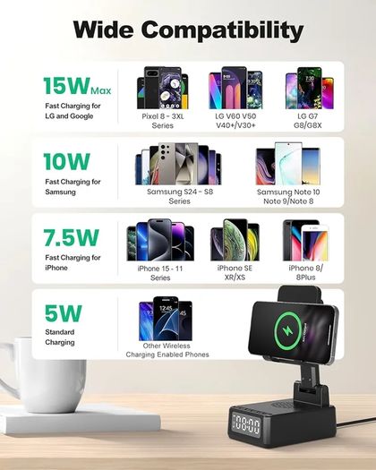 Birthday Gifts for Men Women, Bluetooth Speaker with Wireless Charger & Phone Stand, Gifts for Him, Foldable Angle & Height Stand with Alarm Clock, Ideal for Dad Mom, Tech Gadget Stocking Fillers