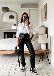 Unsigned black leather trousers jeans style Sz 8UK  W28 L 32