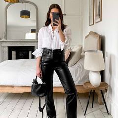Unsigned black leather trousers jeans style Sz 8UK  W28 L 32