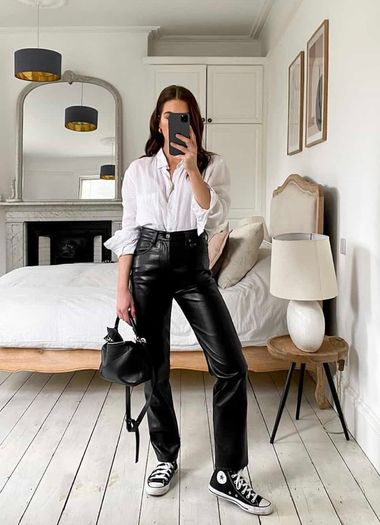 Unsigned black leather trousers jeans style Sz 8UK  W28 L 32