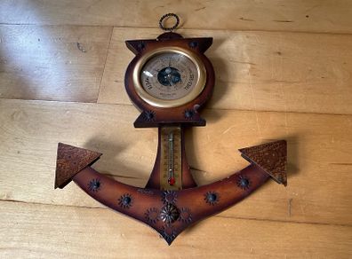 Vintage nautical-themed anchor wall thermometer and barometer set