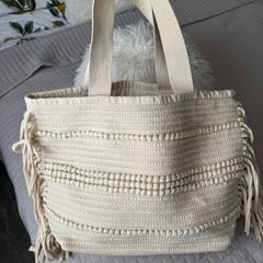H&M Cream Textured Tote Bag | Boho Fringe Detail | New Without Tags