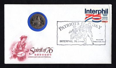 1976 Ireland Interphil Commemorative stamp with quarter Dollar Philatelic Numismatic Cover (PNC) with Patriots Day Interphil 76 cancel