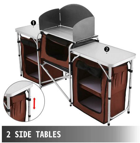 Brown Camping Outdoor Kitchen Table Cabinet Foldable Folding Cooking Storage Rack for BBQ Picnic X-Shaped Aluminum Alloy Bracket