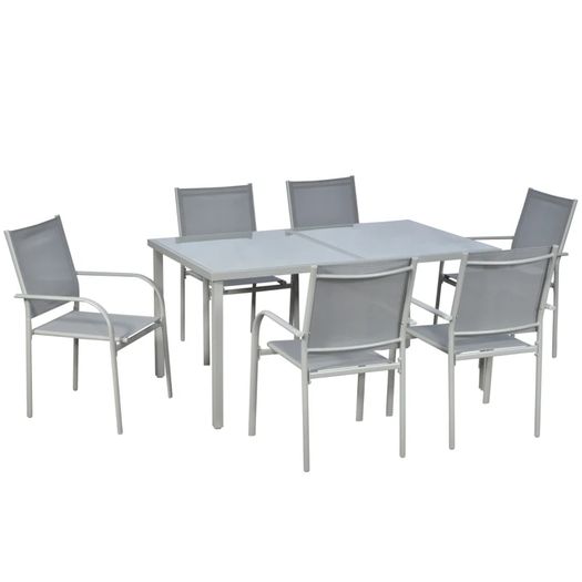 7 Piece Garden Dining Set - Outdoor Table and 6 Stackable Chairs with Steel Frame, Tempered Glass Top Table, and Mesh Seats, Grey