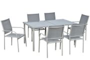 7 Piece Garden Dining Set - Outdoor Table and 6 Stackable Chairs with Steel Frame, Tempered Glass Top Table, and Mesh Seats, Grey