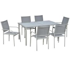 7 Piece Garden Dining Set - Outdoor Table and 6 Stackable Chairs with Steel Frame, Tempered Glass Top Table, and Mesh Seats, Grey