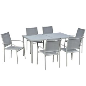 7 Piece Garden Dining Set - Outdoor Table and 6 Stackable Chairs with Steel Frame, Tempered Glass Top Table, and Mesh Seats, Grey