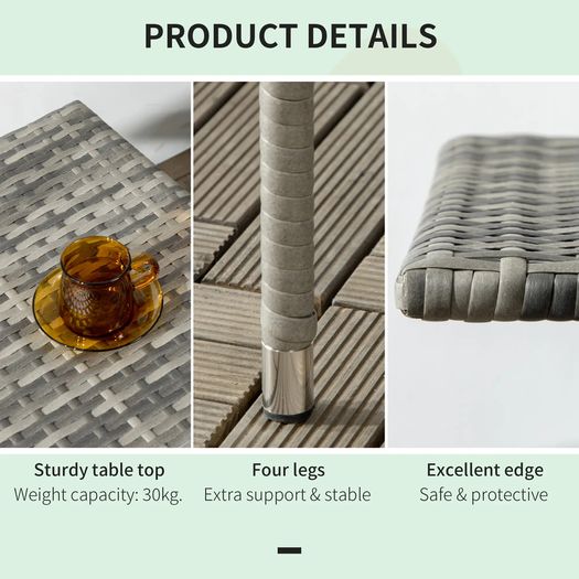 Rattan Side Table, Outdoor Coffee Table with Plastic Board Under the Full Woven Table Top for Patio, Garden, Balcony, Mixed Grey