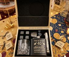 Personalised 40th Birthday Wooden Whiskey Glass and Hip Flask Ultimate Gift set