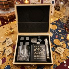 Personalised 40th Birthday Wooden Whiskey Glass and Hip Flask Ultimate Gift set