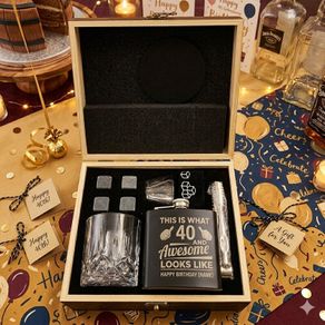 Personalised 40th Birthday Wooden Whiskey Glass and Hip Flask Ultimate Gift set