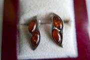 Vintage Sterling Silver 925 Baltic Amber 2 Stone Studs Earrings 2,12g