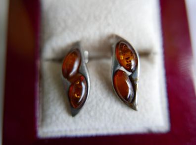 Vintage Sterling Silver 925 Baltic Amber 2 Stone Studs Earrings 2,12g