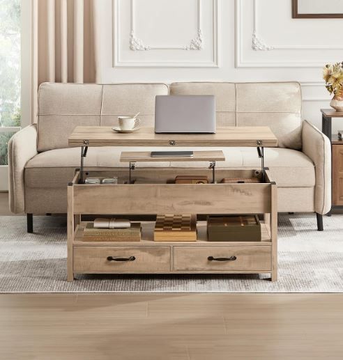 Coffee Table Height Adjustable Gas Cylinder 2 Drawers Camel Brown