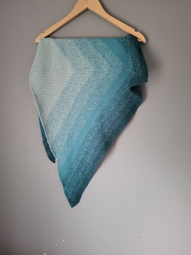 Handmade crochet triangle wool shawl wrap. Teal and mint gradient ombre shawl