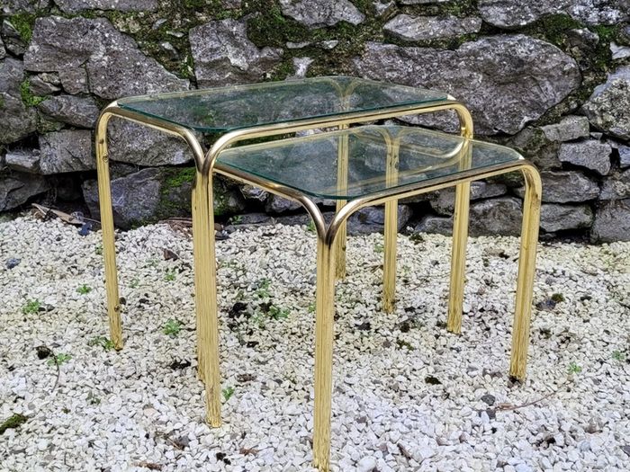 Mid-century glass top/brass tables