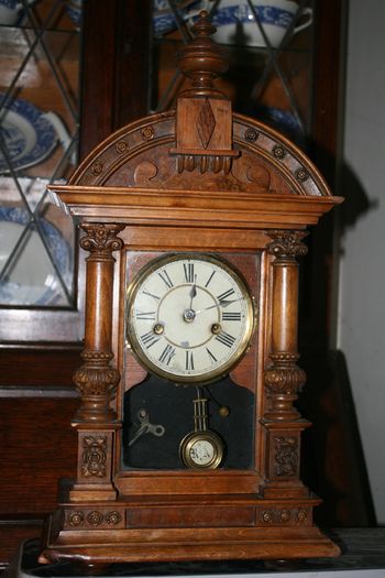 Antique Wood Carved P.H. S. 1800s Mantel Clock (in working order -  the clock doesn't ring) 21,5" x 11"