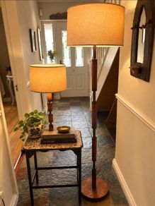 Rare pair of David Hunt "Hunter" handmade leather floor & table lamps