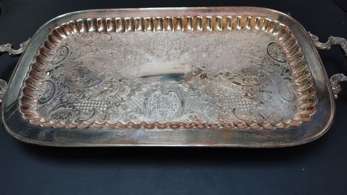 Vintage Silver Plated Butlers Serving Tray Platter Claw Footed 24 inch x 12 inch Leonard English