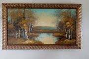 Painting of mountains lake and trees