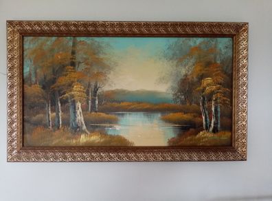 Painting of mountains lake and trees