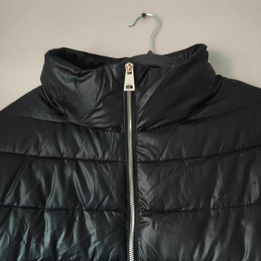 Black MOTIVI jacket with knitted removable cuffs  and removable fur collar