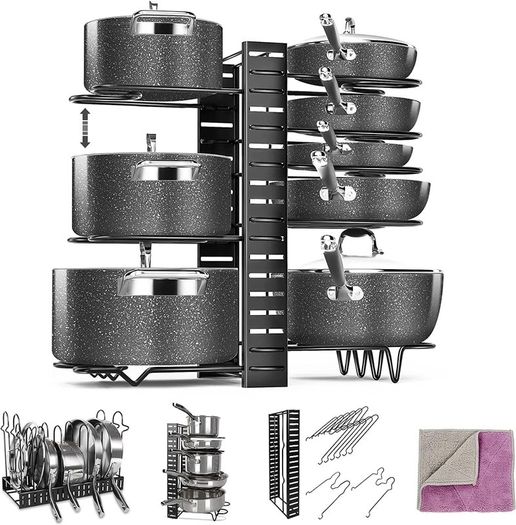Pan Rack Organizer, 8 Tiers Pot & Pan Racks for Cupboard, Adjustable Pot Lid Holders & Pan Organiser with 3 DIY Methods for Kitchen Cookware Storage, Send 1 Cleaning Cloth
