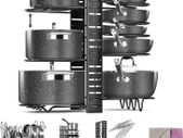 Pan Rack Organizer, 8 Tiers Pot & Pan Racks for Cupboard, Adjustable Pot Lid Holders & Pan Organiser with 3 DIY Methods for Kitchen Cookware Storage, Send 1 Cleaning Cloth