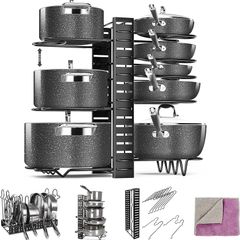 Pan Rack Organizer, 8 Tiers Pot & Pan Racks for Cupboard, Adjustable Pot Lid Holders & Pan Organiser with 3 DIY Methods for Kitchen Cookware Storage, Send 1 Cleaning Cloth