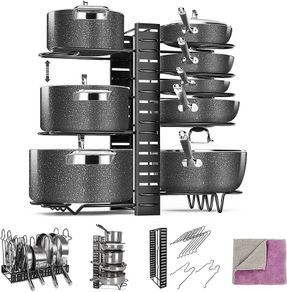 Pan Rack Organizer, 8 Tiers Pot & Pan Racks for Cupboard, Adjustable Pot Lid Holders & Pan Organiser with 3 DIY Methods for Kitchen Cookware Storage, Send 1 Cleaning Cloth