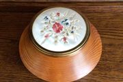 Vintage Wooden Circular Trinket / Jewlery Box w/floral embroidery top