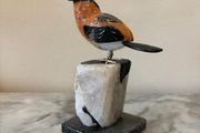 Hand-Carved Gemstone Bullfinch on Raw Quartz &amp; Black Tourmaline Base