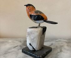 Hand-Carved Gemstone Bullfinch on Raw Quartz & Black Tourmaline Base