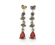 Vintage 925 Sterling Silver Garnet & Marcasite Gothic Stud Earrings